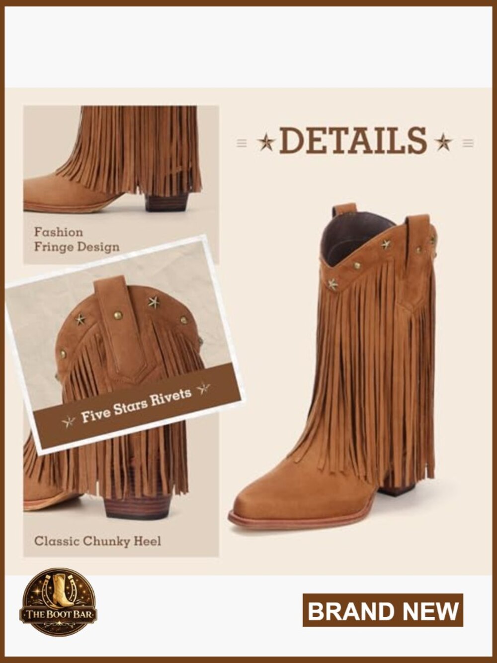 Mid Calf Cowboy Boots with Fringe, Star Studded, Pointed Toe, Chunky Heel - Picture 4 of 7